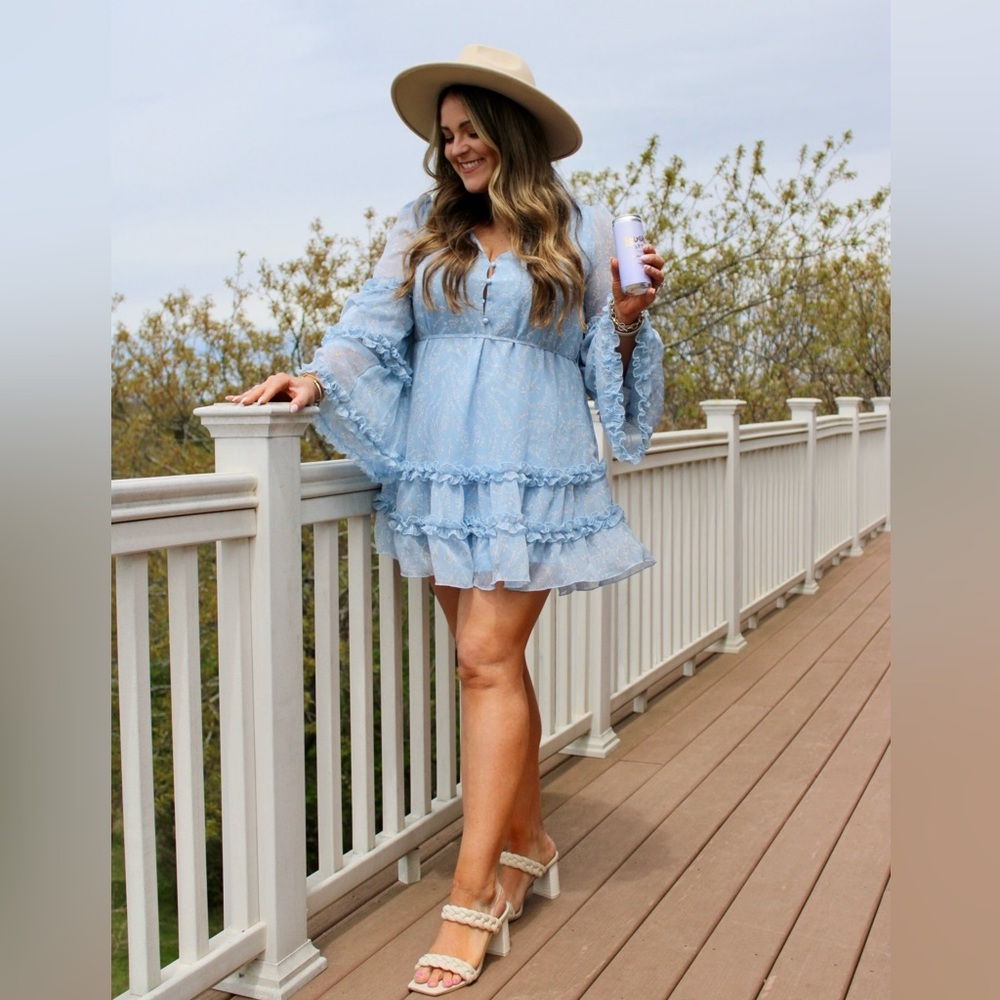 Blue ruffle sheer sleeve dress, A-line with small tie belt, mini